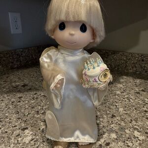 Precious Moments Blonde Angel Holding Birthday Cake Figurine